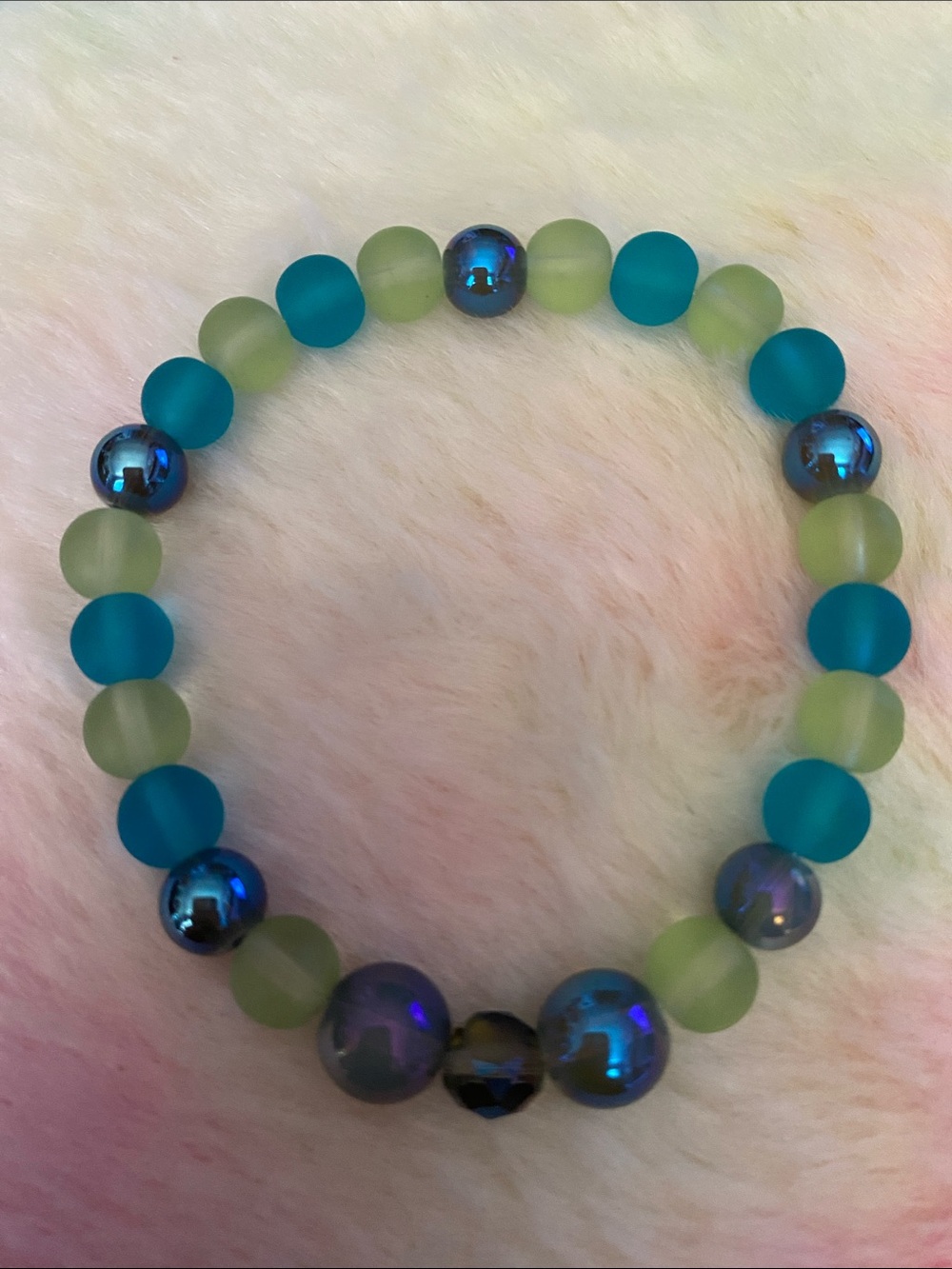 Teal & Lime Glass Bead Stretch Bracelet 8.0